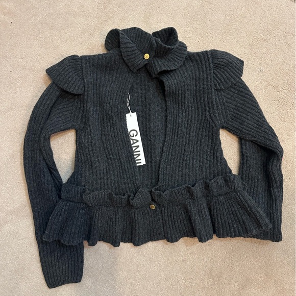 Ganni Open Back Ruffled Knit Wool Blend Sweater - Picture 2 of 3